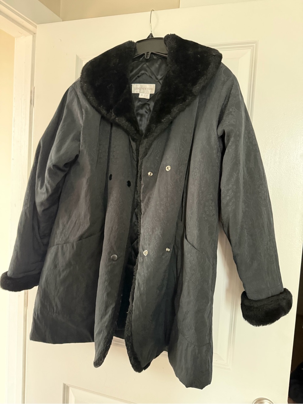 Jones New York Black Faux-Fur Trim Pea Coat